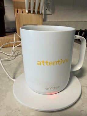 Ember Heated Mug - White with Yellow "attentive"